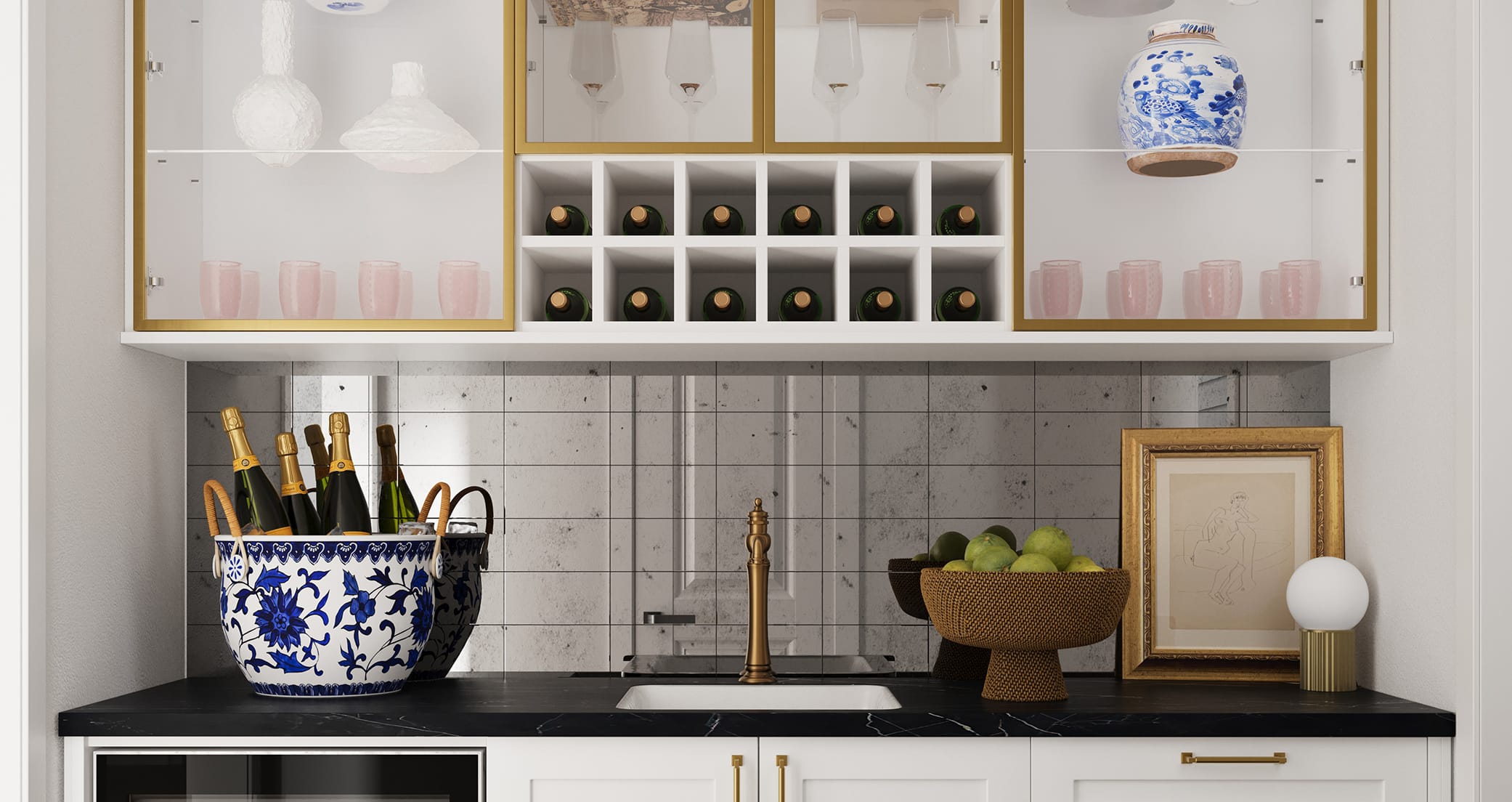 Home Entertainment Space with Wine Bar, Prep Counter, Glass Shelving and Storage Cabinets by California Closets.