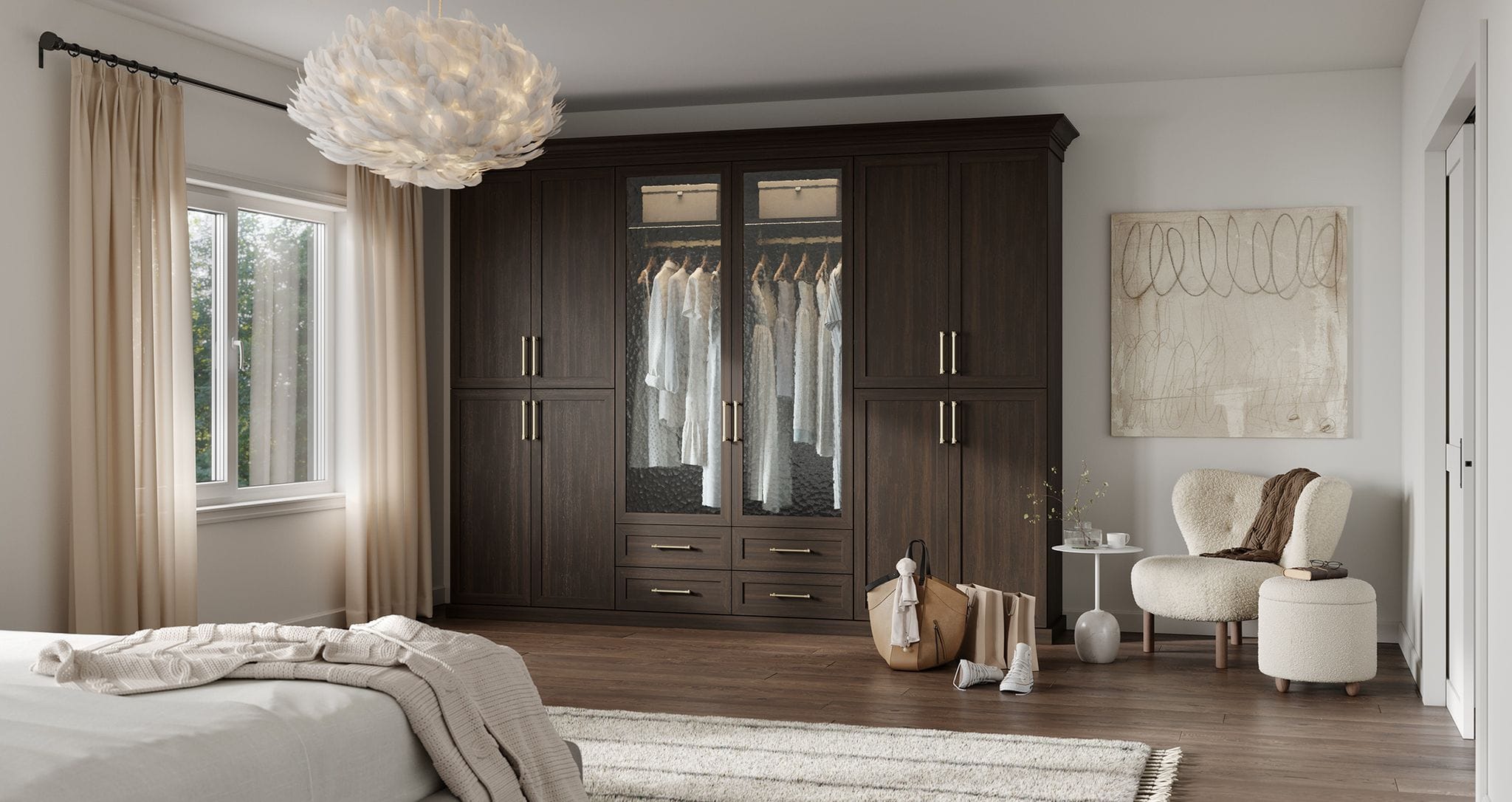 Wardrobe custom built with cabinet glass doors and drawers in dark brown wood grain finish created by California Closets