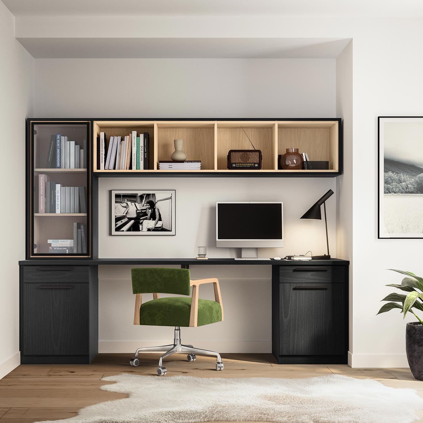 Custom built desk and floating shelving in dark wood finish by California Closets