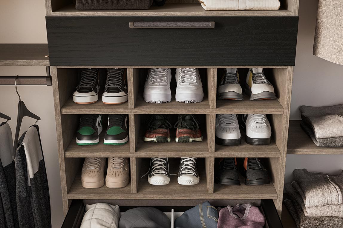 Custom kids shoe storage organization with cubbies designed for kids closets by California Closets