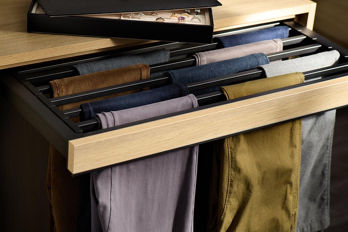 Custom design drawer with vertical rack custom made for pants by California Closets