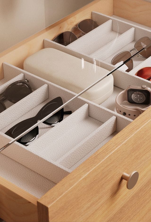Custom drawer inserts using pillow design pockets with inserts to separate sunglasses by California Closets