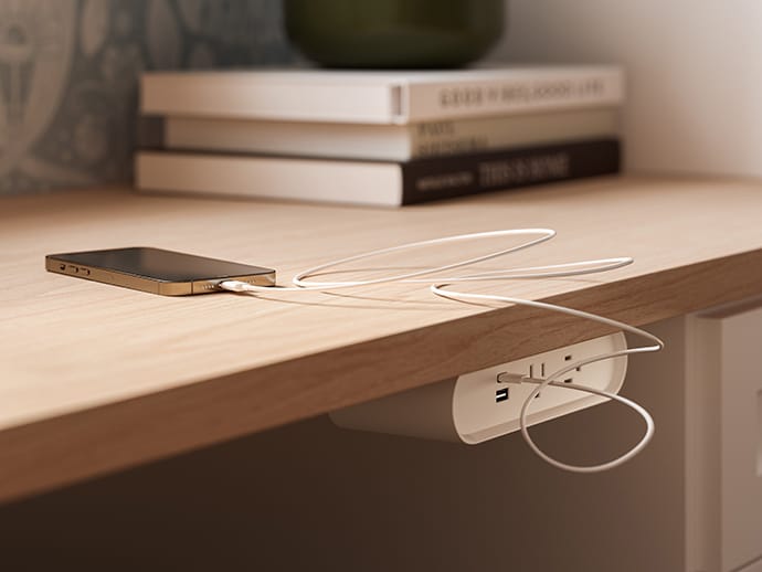 Home office desk with charger built in custom made universal accessories by California Closets