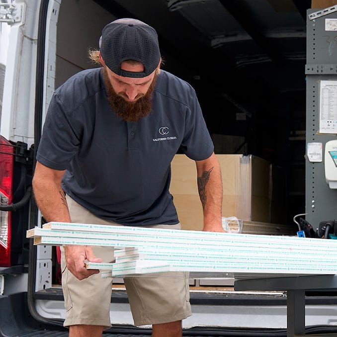 Daily schedule for a professional installer, packing up his work van to head to a home storage system build from California Closets
