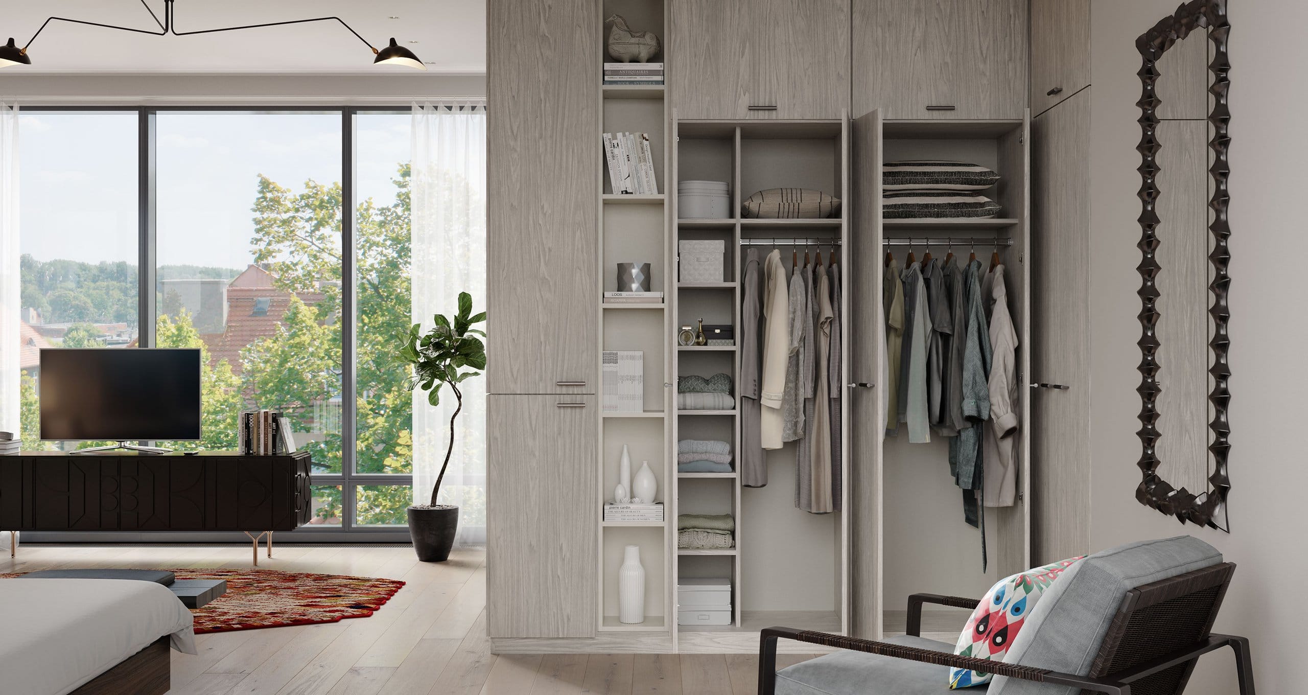 Floor to ceiling reach in closet with open shelves and custom cabinets in light grey wood grain finish by California Closets